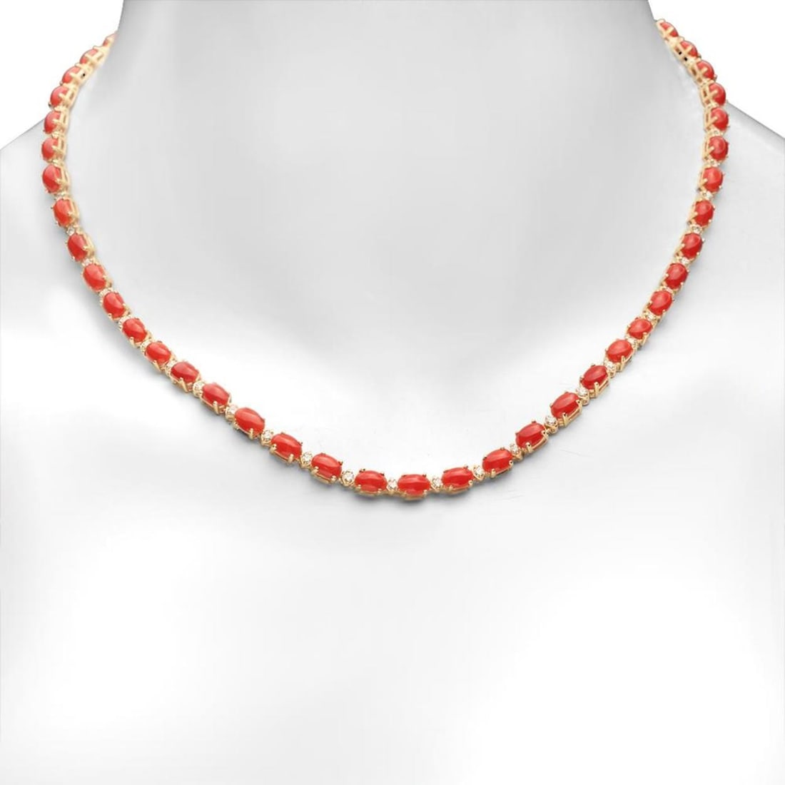 14K Gold 17.92ct Coral 1.23cts Diamond Necklace: Retail: $15,200.00 ****** 14K Gold 17.92ct Coral 1.23cts Diamond Necklace ****** Metal: 14K Yellow Gold / Total Item Weight: 18.9 grams / Country Made: United States / / Main Stone: Coral / Color: