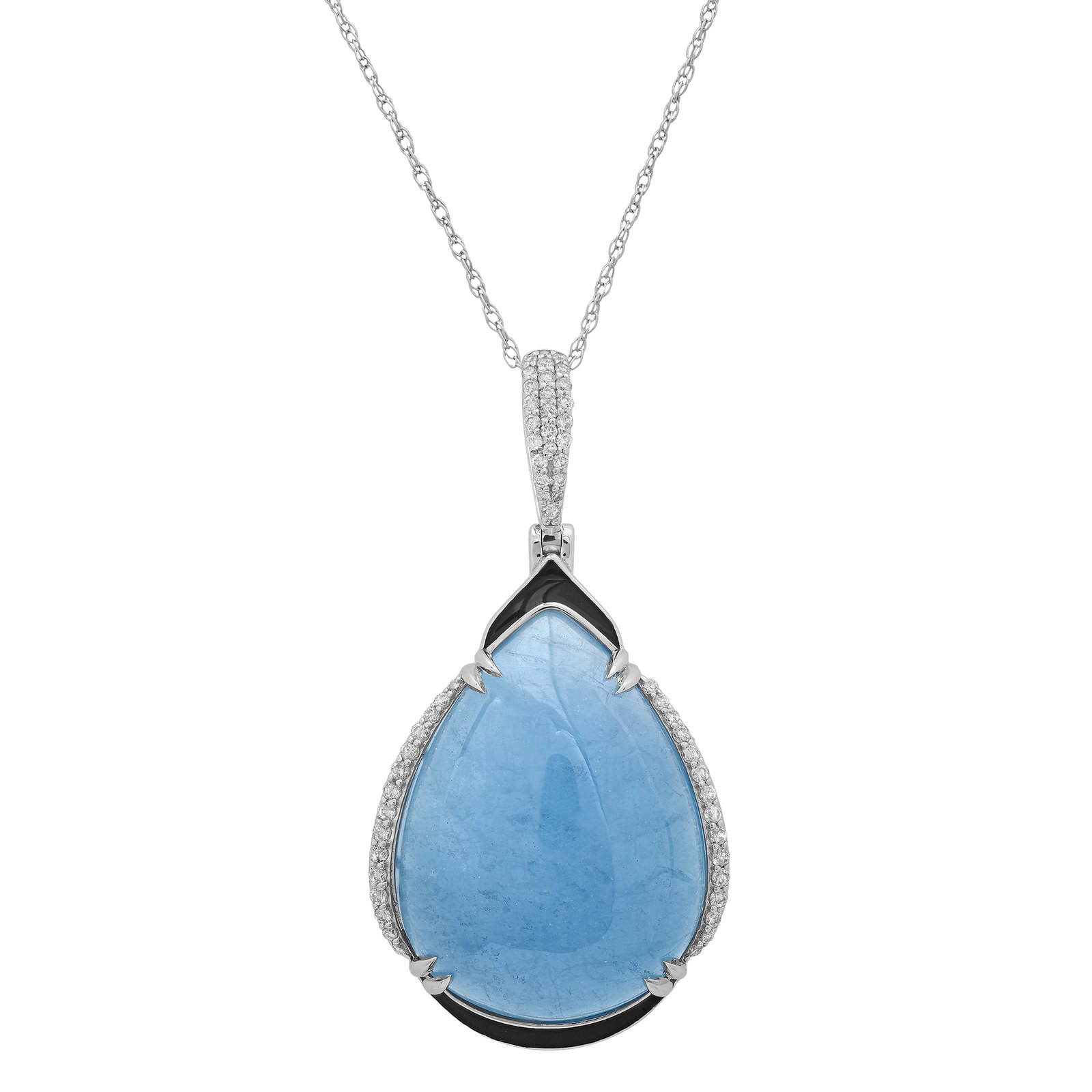 14K White Gold Ladies Pendant with 25.93ct Aquamarine and 0.36tcw Adjacent Diamonds: Retail: $10,380.00 ****** 14K White Gold Ladies Pendant with 25.93ct Aquamarine and 0.36tcw Adjacent Diamonds ****** Size: 1.75 Long 1" Wide with 18" Chain / Metal: 14K White Gold / Total Item