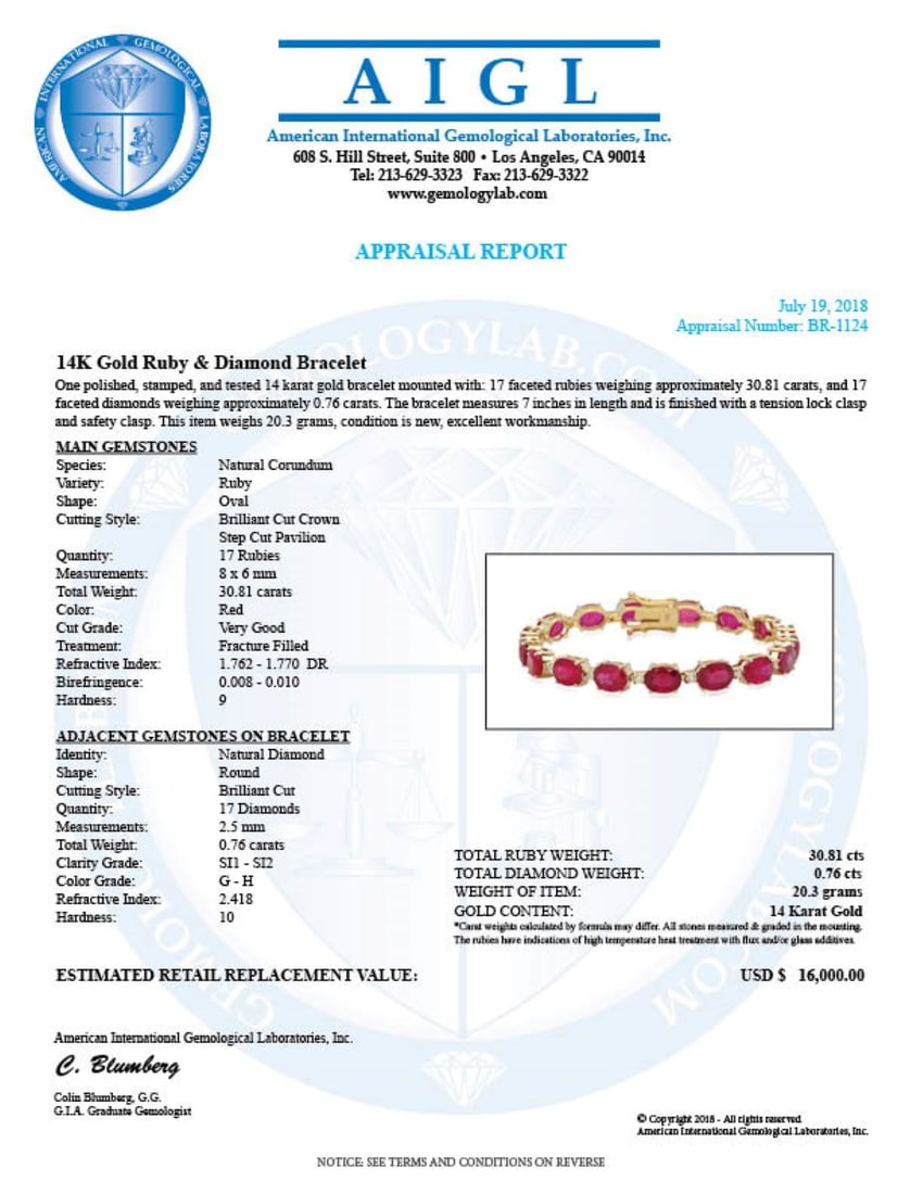 14K Gold 30.81ct Ruby and 0.76ct Diamond Bracelet - 4