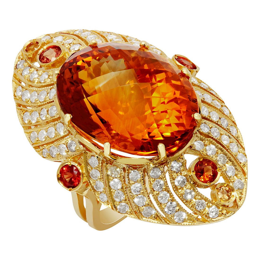 14k Yellow Gold 25.16ct Citrine 0.95ct Sapphire 1.75ct Diamond Ring: Retail: $12,270.00 ****** 14k Yellow Gold 25.16ct Citrine 0.95ct Sapphire 1.75ct Diamond Ring ****** Metal: 14K Yellow Gold / Total Item Weight: 18.00 grams / Country Made: United States / / Main