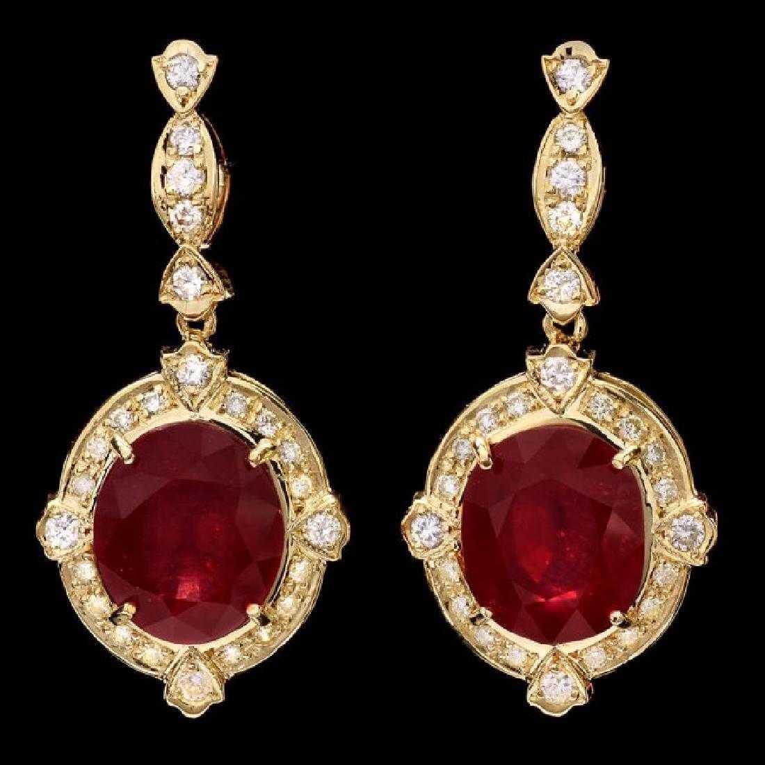 14K Yellow Gold 21.36ct Ruby and 1.32ct Diamond Earrings: Retail: $15,335.00 ****** 14K Yellow Gold 21.36ct Ruby and 1.32ct Diamond Earrings ****** Metal: 14K Yellow Gold / Total Item Weight: 14.0 Grams / Country Made: United States / / Main Stone: Ruby / Co