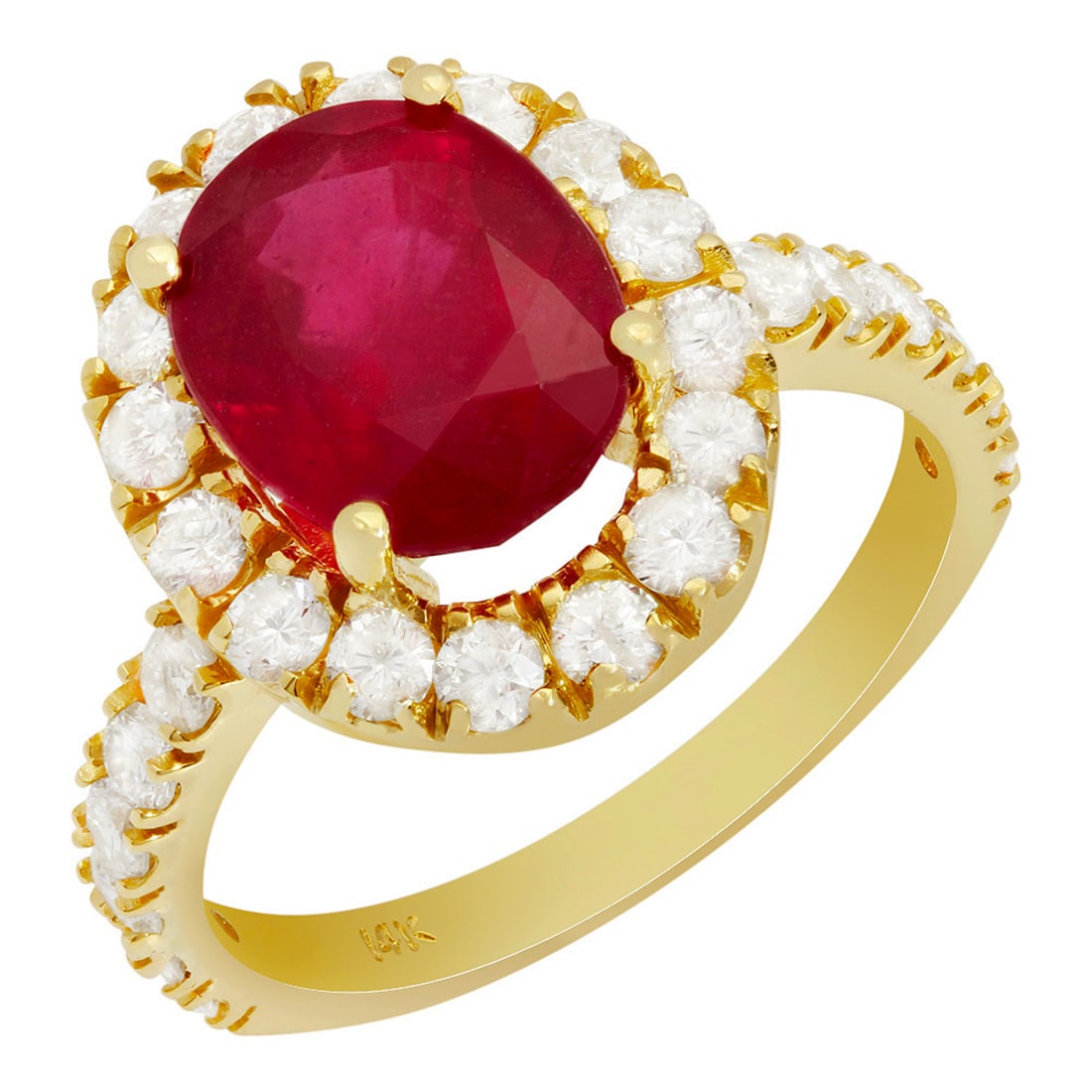 14k Yellow Gold 4.48ct Ruby 1.26ct Diamond Ring: Retail: $9,750.00 ****** 14k Yellow Gold 4.48ct Ruby 1.26ct Diamond Ring ****** Metal: 14K Yellow Gold / Total Item Weight: 5.00 grams / Country Made: United States / / Main Stone: Ruby / Color: Inten