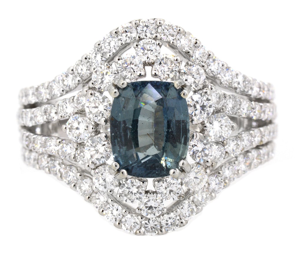 18K White Gold Ladies Ring with 1.88ct GIA Certified Sapphire and 1.62ct tw Adjacent Diamonds: Retail: $10,000.00 ****** 18K White Gold Ladies Ring with 1.88ct GIA Certified Sapphire and 1.62ct tw Adjacent Diamonds ****** Size: 6.5 / Metal: 18K White Gold / Total Item Weight: 5.49 Grams /