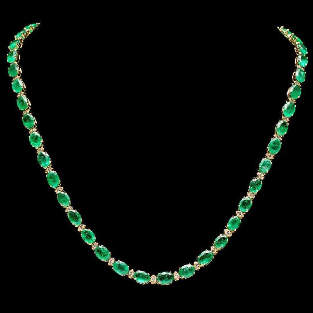 14K Yellow Gold 31.94ct Emerald and 1.68ct Diamond Necklace: Retail: $41,950.00 ****** 14K Yellow Gold 31.94ct Emerald and 1.68ct Diamond Necklace ****** Metal: 14K Yellow Gold / Total Item Weight: 22.0 Grams / Country Made: United States / / Main Stone: