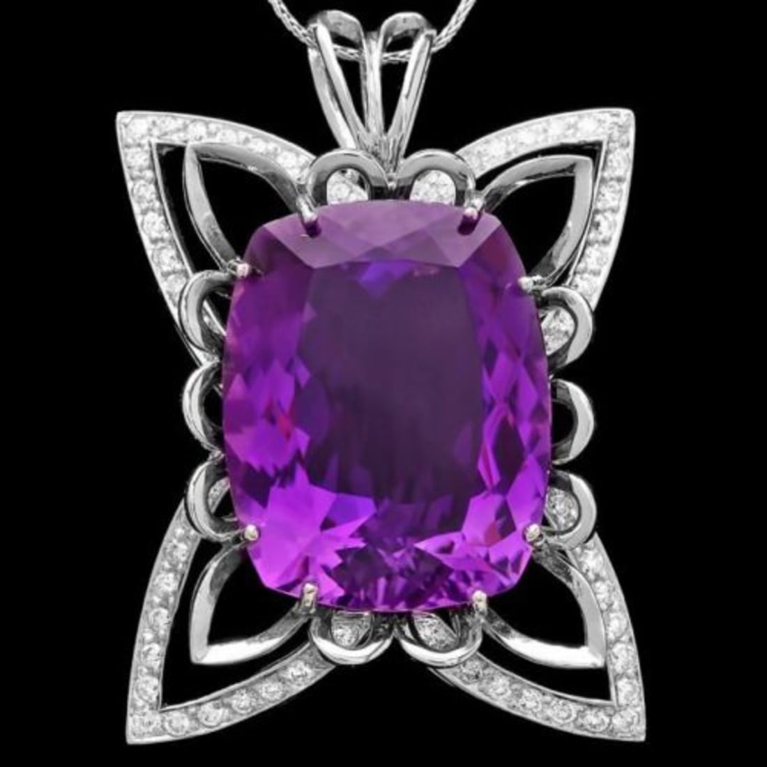 14K Gold 39.89ct Amethyst and 1.49ct Diamond Pendant: Retail: $18,960.00 ****** 14K Gold 39.89ct Amethyst and 1.49ct Diamond Pendant ****** Metal: 14K White Gold / Total Item Weight: 23.0 Grams / Country Made: United States / / Main Stone: Amethyst /