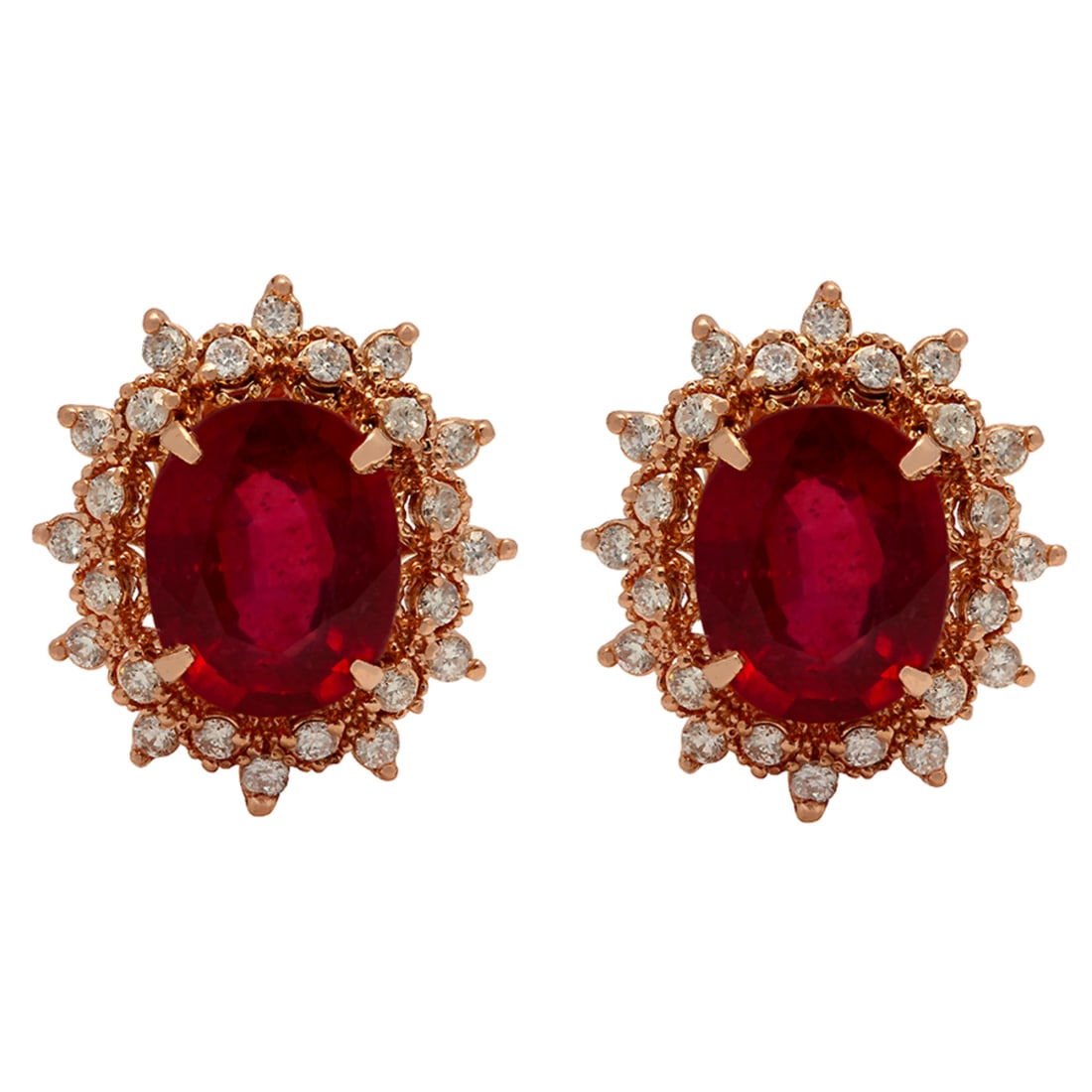 14k Rose Gold 7.86ct Ruby 1.36ct Diamond Earrings: Retail: $8,800.00 ****** 14k Rose Gold 7.86ct Ruby 1.36ct Diamond Earrings ****** Metal: 14K Rose Gold / Total Item Weight: 6.00 grams / Country Made: United States / / Main Stone: Ruby / Color: Red /