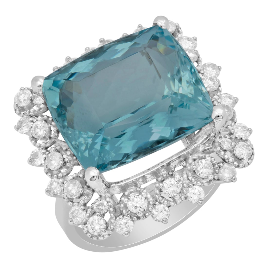 14k White Gold 12.51ct Aquamarine 0.98ct Diamond Ring: Retail: $9,385.00 ****** 14k White Gold 12.51ct Aquamarine 0.98ct Diamond Ring ****** Metal: 14K White Gold / Total Item Weight: 8.20 grams / Country Made: United States / / Main Stone: Aquamarine / C