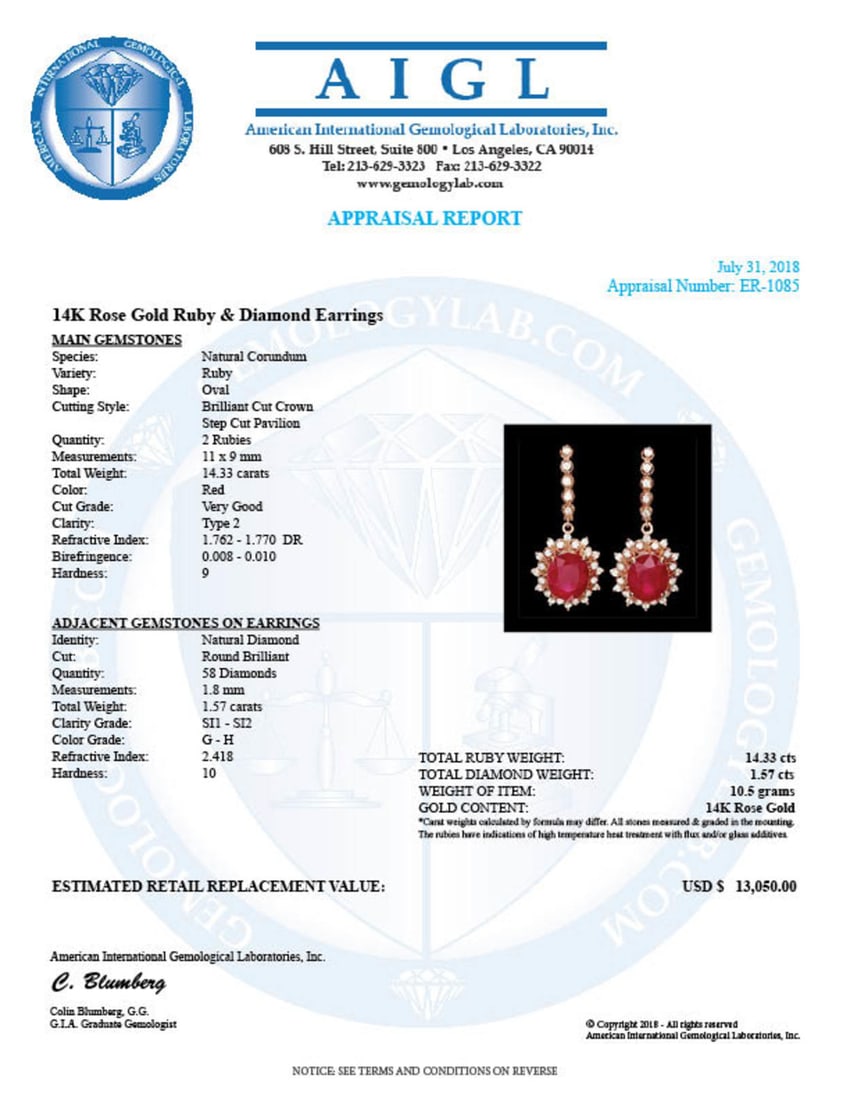 14k Rose 14.33ct Ruby 1.57ct Diamond Earrings - 3