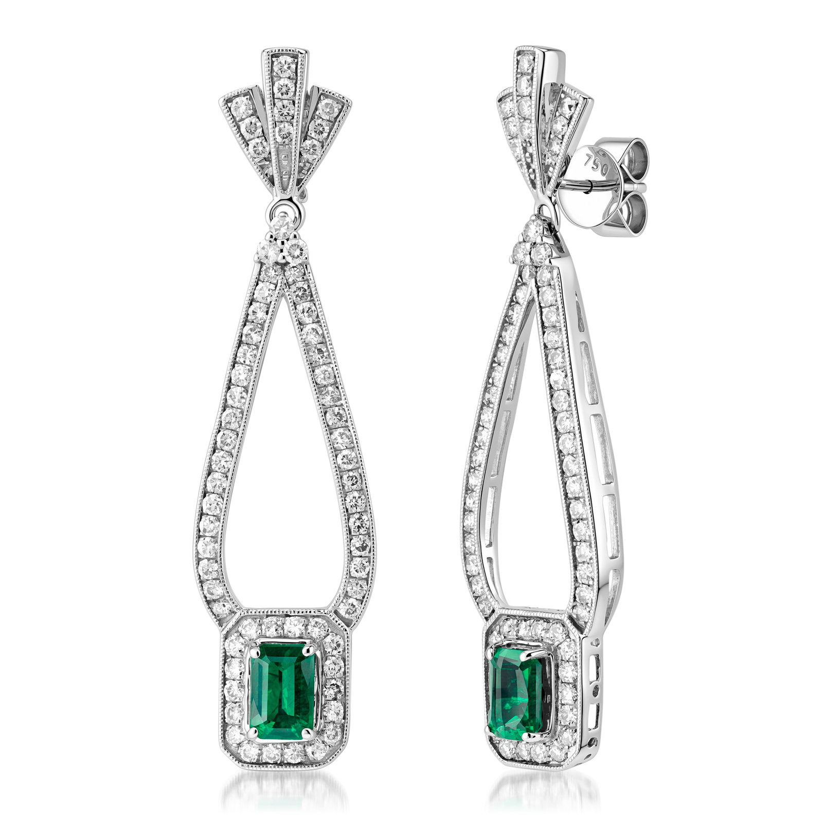 Platinum Ladies Earrings with 1.26tcw Emeralds and 1.39tcw Adjacent Diamonds