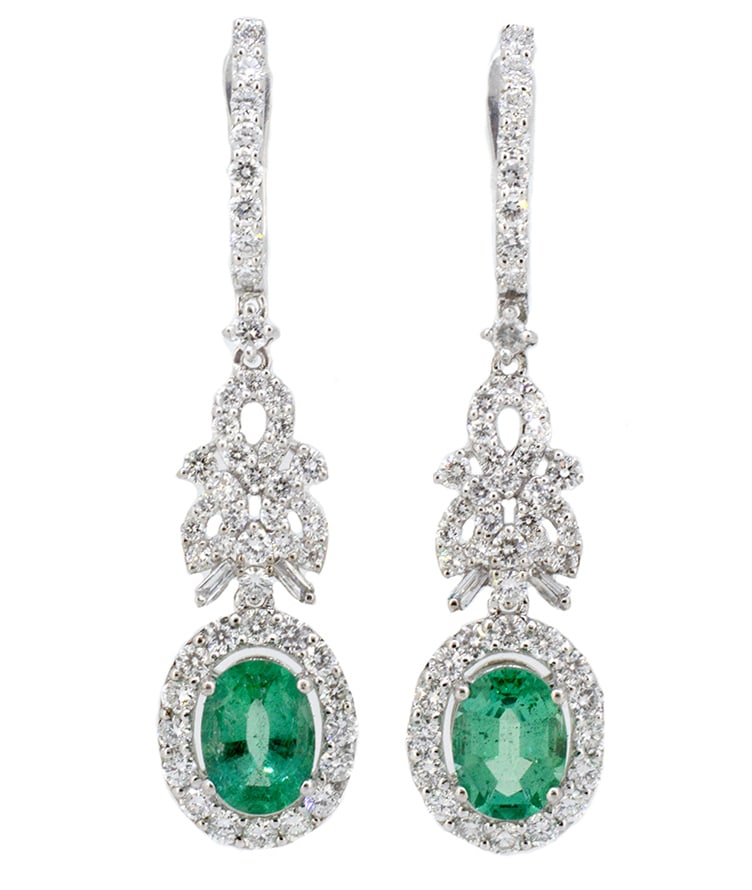 18K White Gold Ladies Earrings with 2.11ct Emeralds and 1.98ct tw Adjacent Diamonds: Retail: $19,000.00 ****** 18K White Gold Ladies Earrings with 2.11ct Emeralds and 1.98ct tw Adjacent Diamonds ****** Size: 1.5 long / Metal: 18K White Gold / Total Item Weight: 5.9 Grams / Country Mad