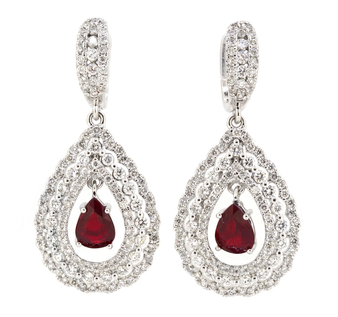 18K White Gold Earrings with 2.10ct Natural Unheated Rubys and 2.3tw Diamonds: Retail: $25,000.00 ****** 18K White Gold Earrings with 2.10ct Natural Unheated Rubys and 2.3tw Diamonds ****** Size: 1.5 / Metal: 18K White Gold / Total Item Weight: 11 Grams / Country Made: United