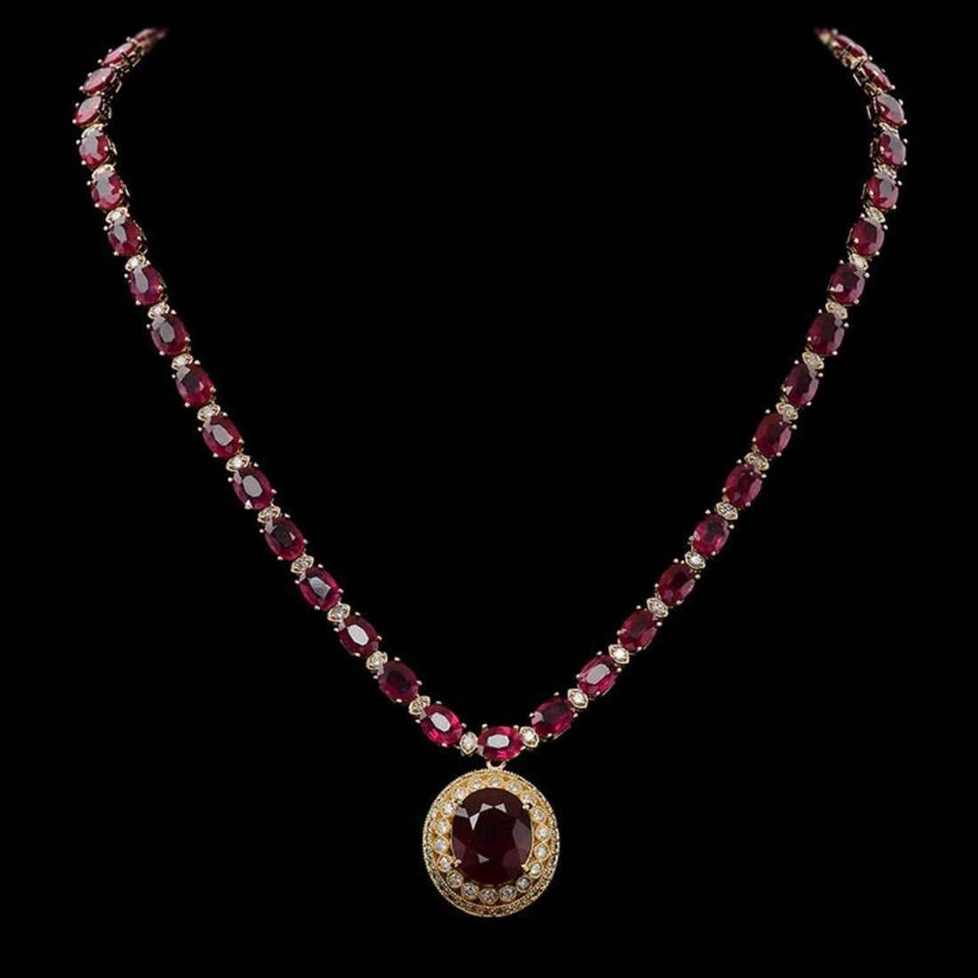14K Gold 59.12ct Ruby 3.07ct Diamond Necklace: Retail: $29,920.00 ****** 14K Gold 59.12ct Ruby 3.07ct Diamond Necklace ****** Metal: 14K Solid Yellow Gold / Total Item Weight: 34.4 grams / Country Made: United States / / Main Stone: Ruby / Color: