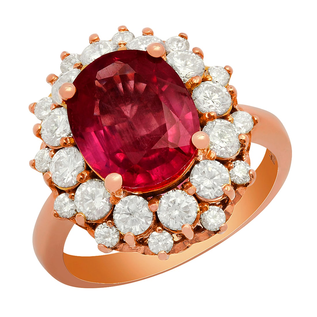 14k Rose Gold 3.99ct Ruby 1.59ct Diamond Ring: Retail: $6,975.00 ****** 14k Rose Gold 3.99ct Ruby 1.59ct Diamond Ring ****** Metal: 14K Rose Gold / Total Item Weight: 6.70 grams / Country Made: United States / / Main Stone: Ruby / Color: Intense