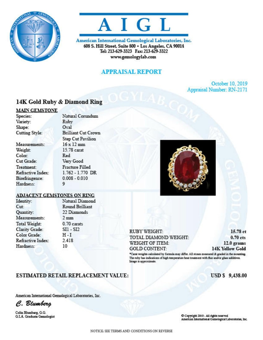 14K Yellow Gold 15.78ct Ruby and 0.70ct Diamond Ring - 4
