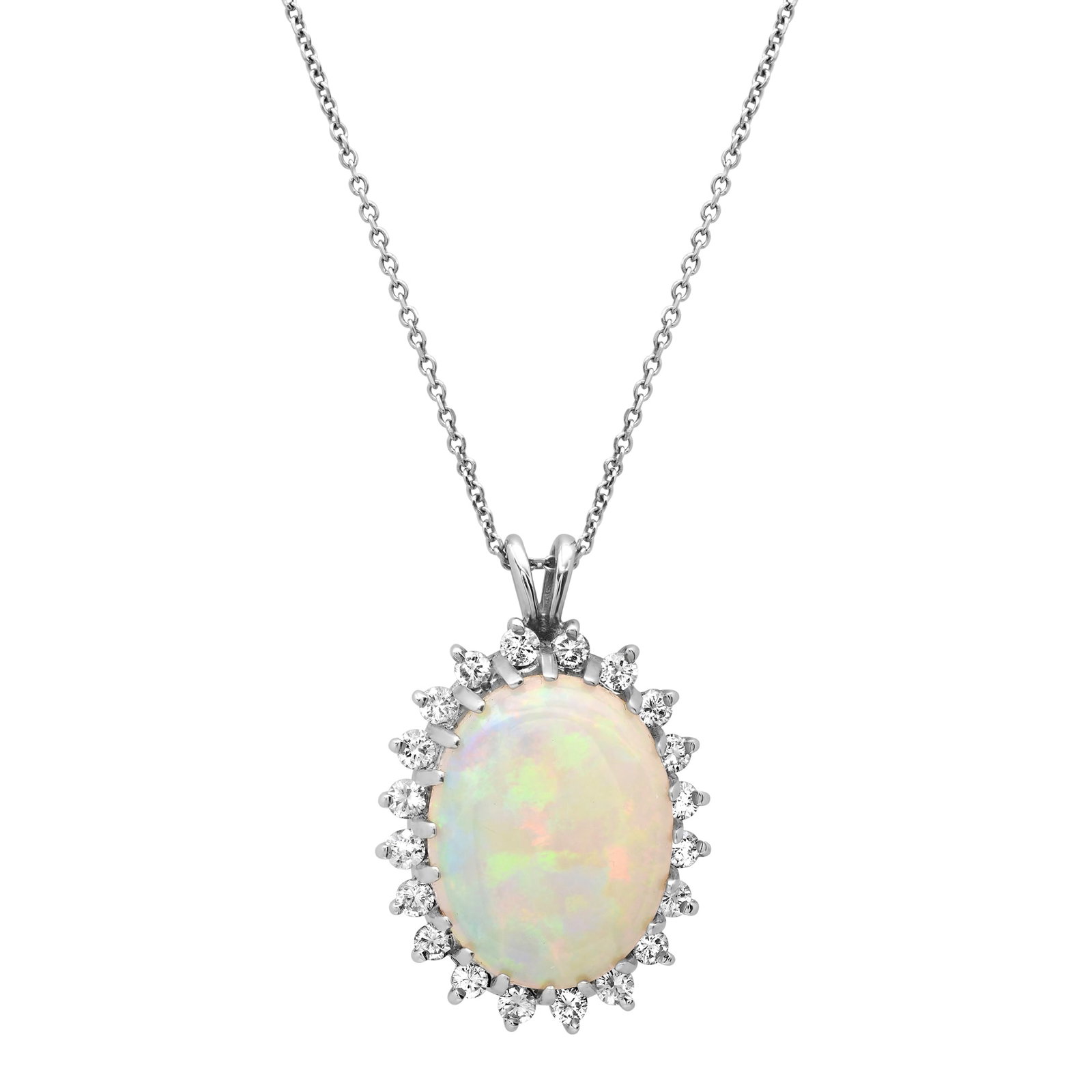 14K White Gold Setting with 7.65ct Opal and 1.00ct Diamond Pendant: Retail: $5,610.00 ****** 14K White Gold Setting with 7.65ct Opal and 1.00ct Diamond Pendant ****** Size: 18 / Metal: 14K White Gold / Total Item Weight: 8.5 Grams / Country Made: United States / / Mai