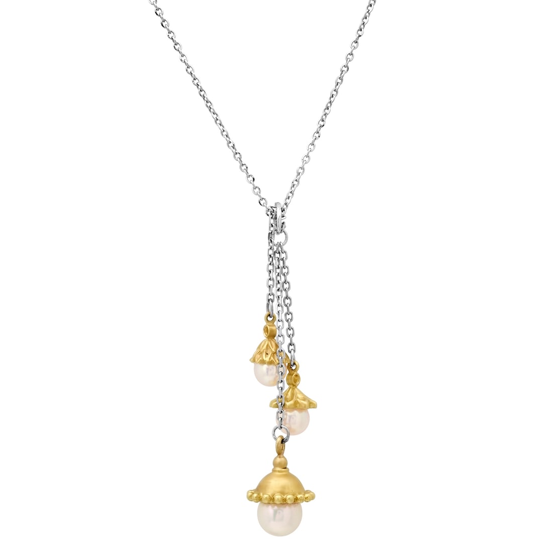 18K Yellow and White Gold Setting with Three White Pearl Necklace: Retail: $2,575.00 ****** 18K Yellow and White Gold Setting with Three White Pearl Necklace ****** Size: 18 / Metal: 18K Yellow and White Gold / Total Item Weight: 7.4 Grams / Country Made: United