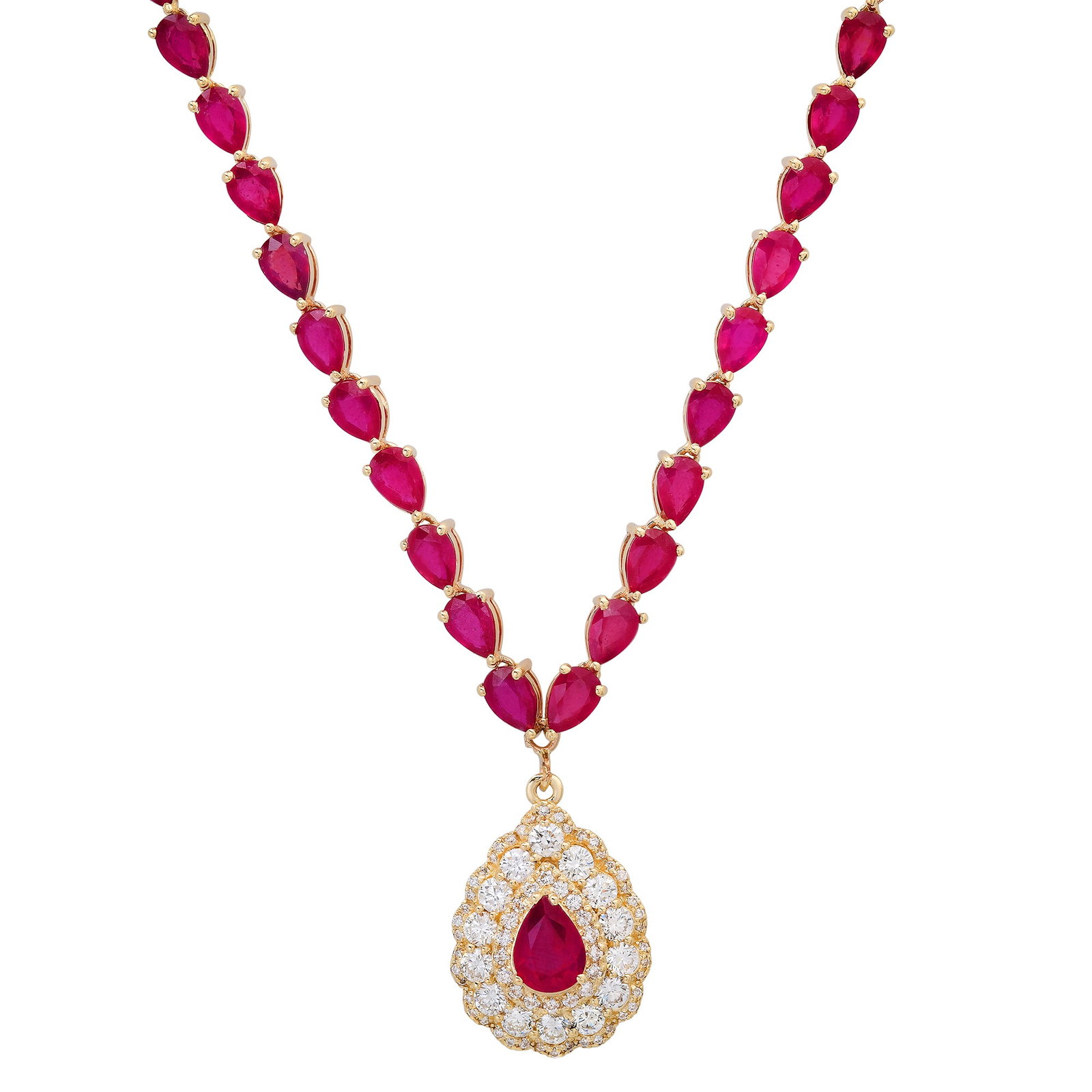 14K Yellow Gold Ladies Necklace with 40.30ct tw Rubies and 2.07ct tw Diamonds: Retail: $39,372.00 ****** 14K Yellow Gold Ladies Necklace with 40.30ct tw Rubies and 2.07ct tw Diamonds ****** Size: 18.25 / Metal: 14K Yellow Gold / Total Item Weight: 30.5 Grams / Country Made: