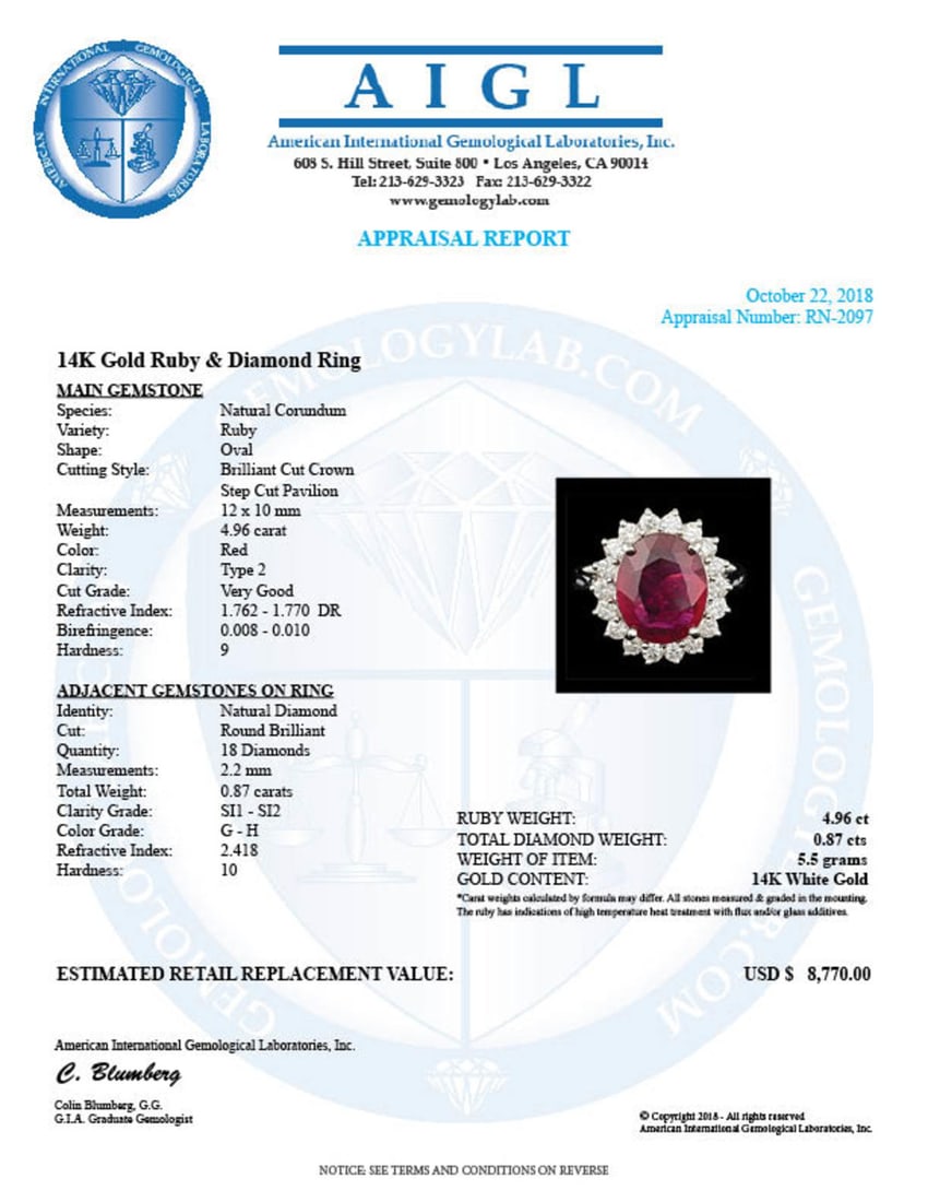 14K White Gold 4.96ct Ruby and 0.87ct Diamond Ring - 5