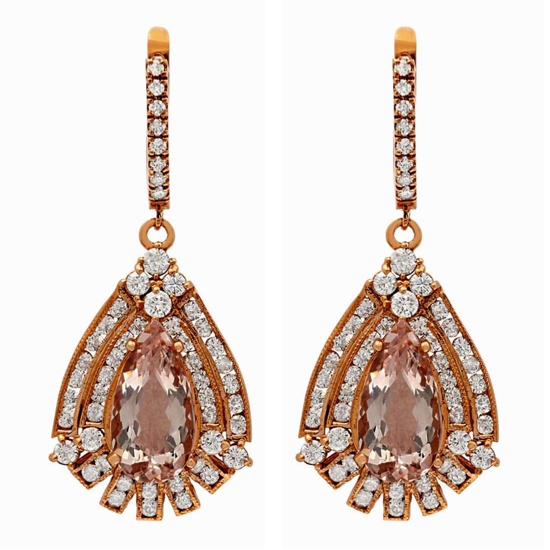 14k Rose Gold 6.75ct Morganite 3.14ct Diamond Earrings: Retail: $12,425.00 ****** 14k Rose Gold 6.75ct Morganite 3.14ct Diamond Earrings ****** Metal: 14K Rose Gold / Total Item Weight: 13.70 grams / Country Made: United States / / Main Stone: Morganite / 