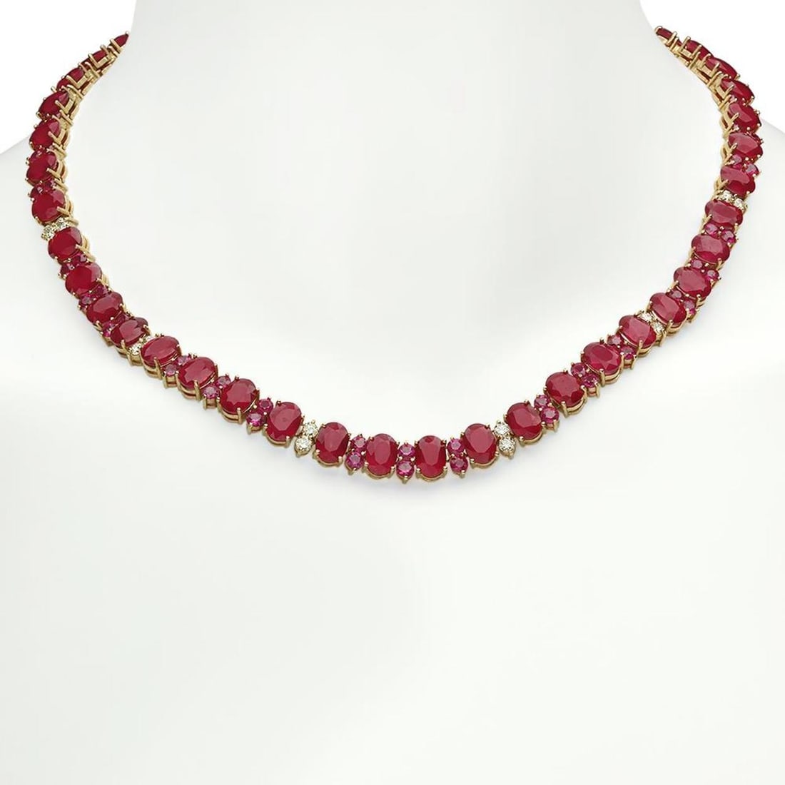 14K Gold 94.87ct Ruby 2.60ct Diamond Necklace: Retail: $45,000.00 ****** 14K Gold 94.87ct Ruby 2.60ct Diamond Necklace ****** Metal: 14K Yellow Gold / Total Item Weight: 62.0 Grams / Country Made: United States / / Main Stone: Ruby / Color: Red /