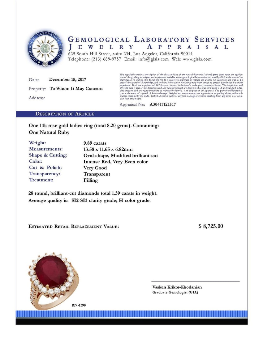 14k Rose Gold 9,89ct Ruby 1.39ct Diamond Ring - 5
