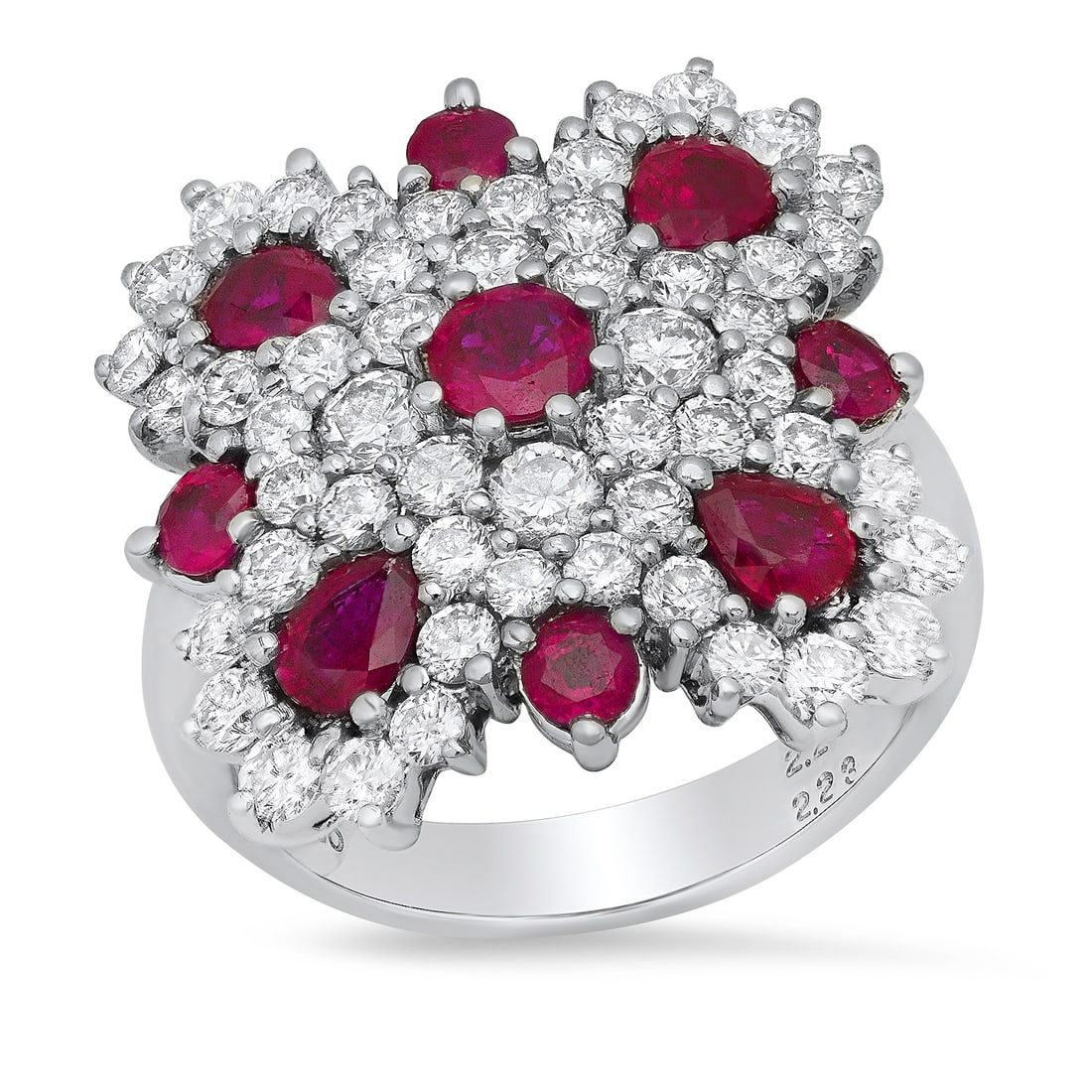 Platinum Setting with 2.23ct Ruby and 2.23ct Diamond Ladies Ring: Retail: $14,950.00 ****** Platinum Setting with 2.23ct Ruby and 2.23ct Diamond Ladies Ring ****** Size: 7.25(we offer free resizing to winning bidders) / Metal: Platinum / Total Item Weight: 14.4