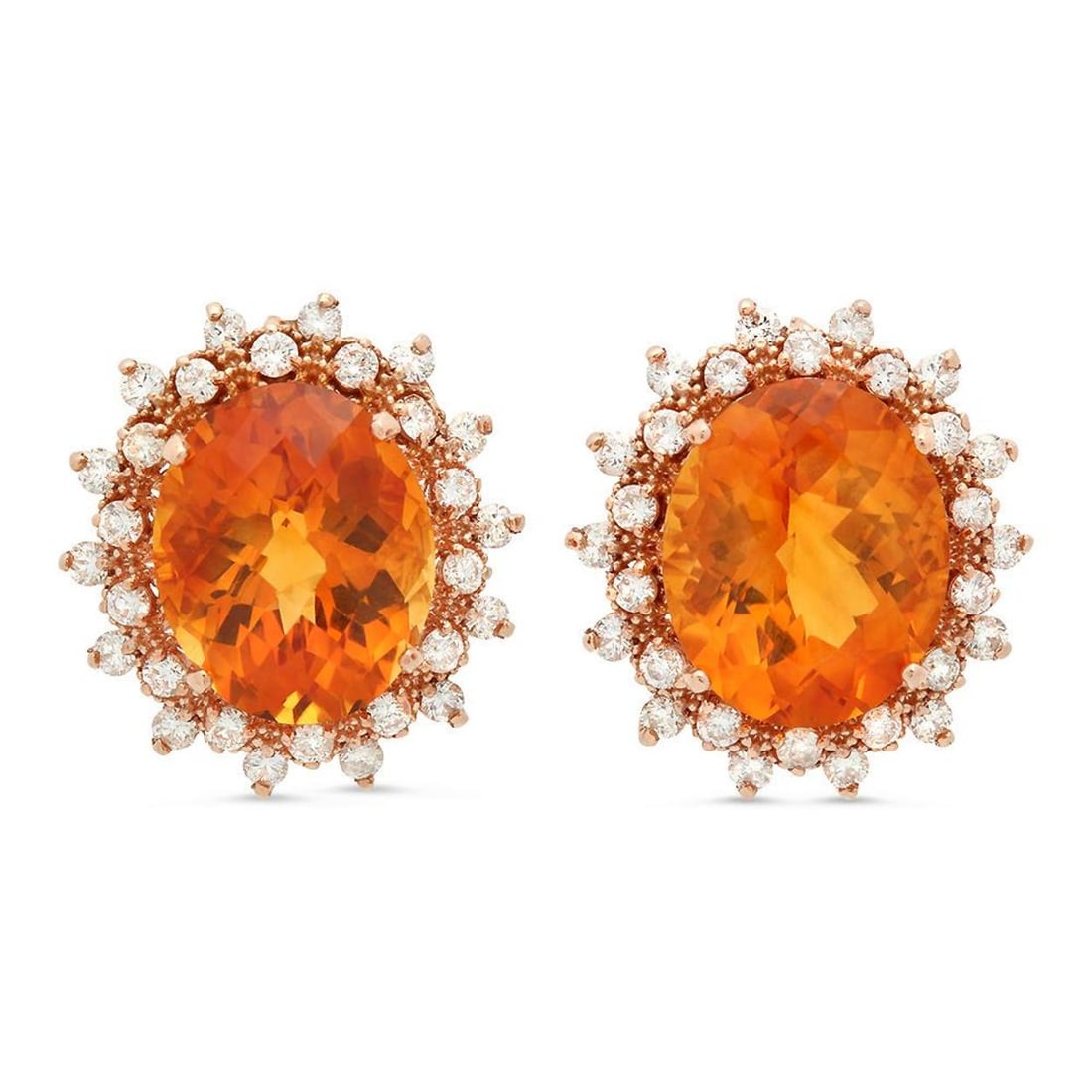 14K Gold 11.41ct Citrine 1.38cts Diamond Earrings: Retail: $7,235.00 ****** 14K Gold 11.41ct Citrine 1.38cts Diamond Earrings ****** Metal: 14K Rose Gold / Total Item Weight: 12.0 grams / Country Made: United States / / Main Stone: Citrine / Color: