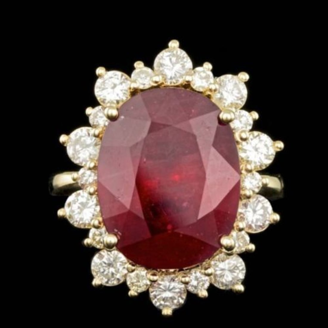 14K Yellow Gold 12.99ct Ruby and 1.83ct Diamond Ring: Retail: $18,775.00 ****** 14K Yellow Gold 12.99ct Ruby and 1.83ct Diamond Ring ****** Metal: 14K Yellow Gold / Total Item Weight: 9.3 Grams / Country Made: United States / / Main Stone: Ruby / Color: