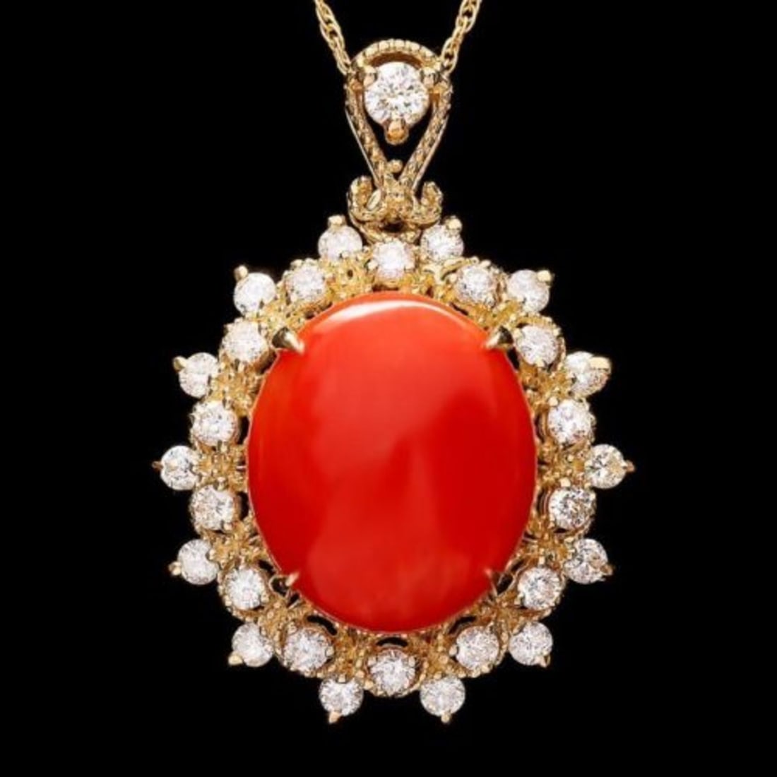 14K Gold 5.56ct Coral 0.86ct Diamond Pendant: Retail: $8,460.00 ****** 14K Gold 5.56ct Coral 0.86ct Diamond Pendant ****** Metal: 14K Yellow Gold / Total Item Weight: 5.0 Grams / Country Made: United States / / Main Stone: Coral / Color: Orangy