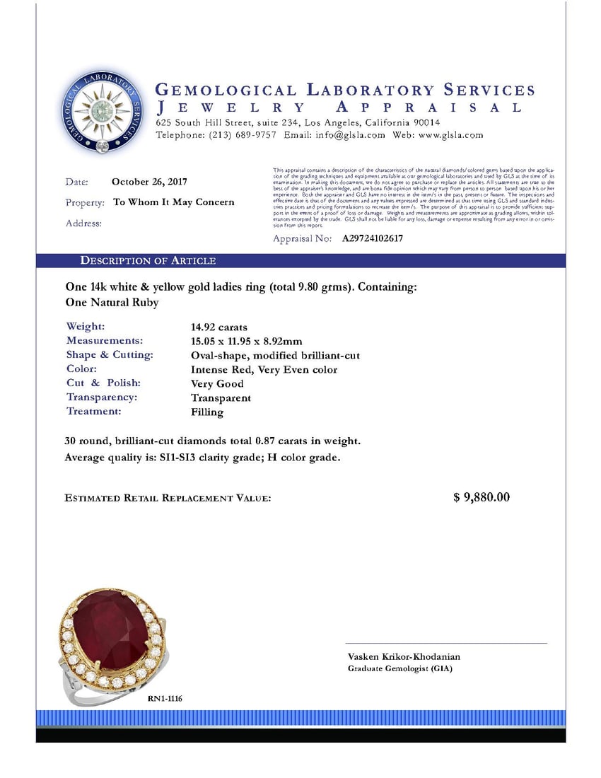 14k Yellow Gold 14.92ct Ruby 0.87ct Diamond Ring - 6