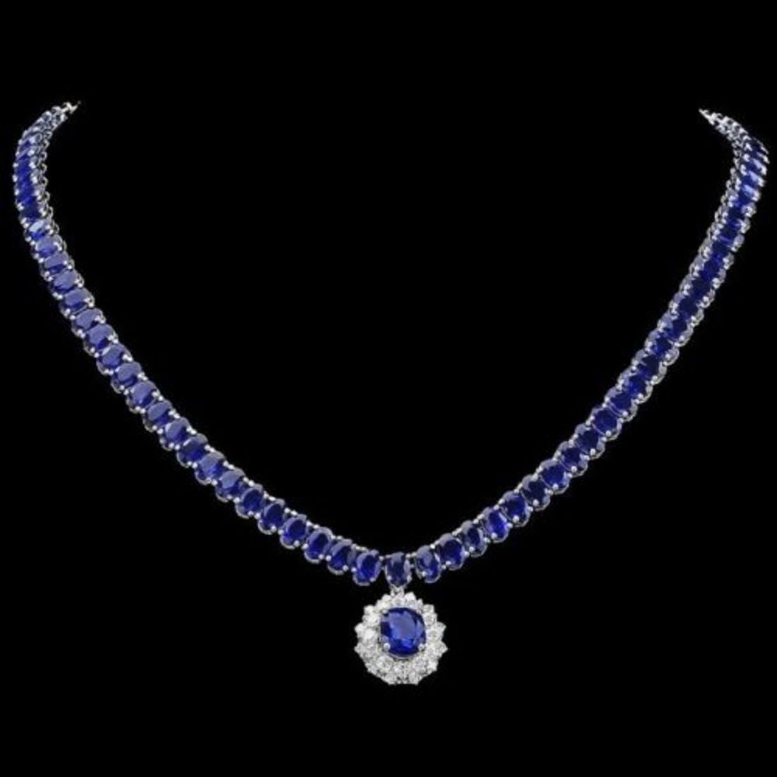 14K White Gold 50.87ct Sapphire and 1.47ct Diamond Necklace: Retail: $38,900.00 ****** 14K White Gold 50.87ct Sapphire and 1.47ct Diamond Necklace ****** Metal: 14K White Gold / Total Item Weight: 34.0 Grams / Country Made: United States / / Main Stone: