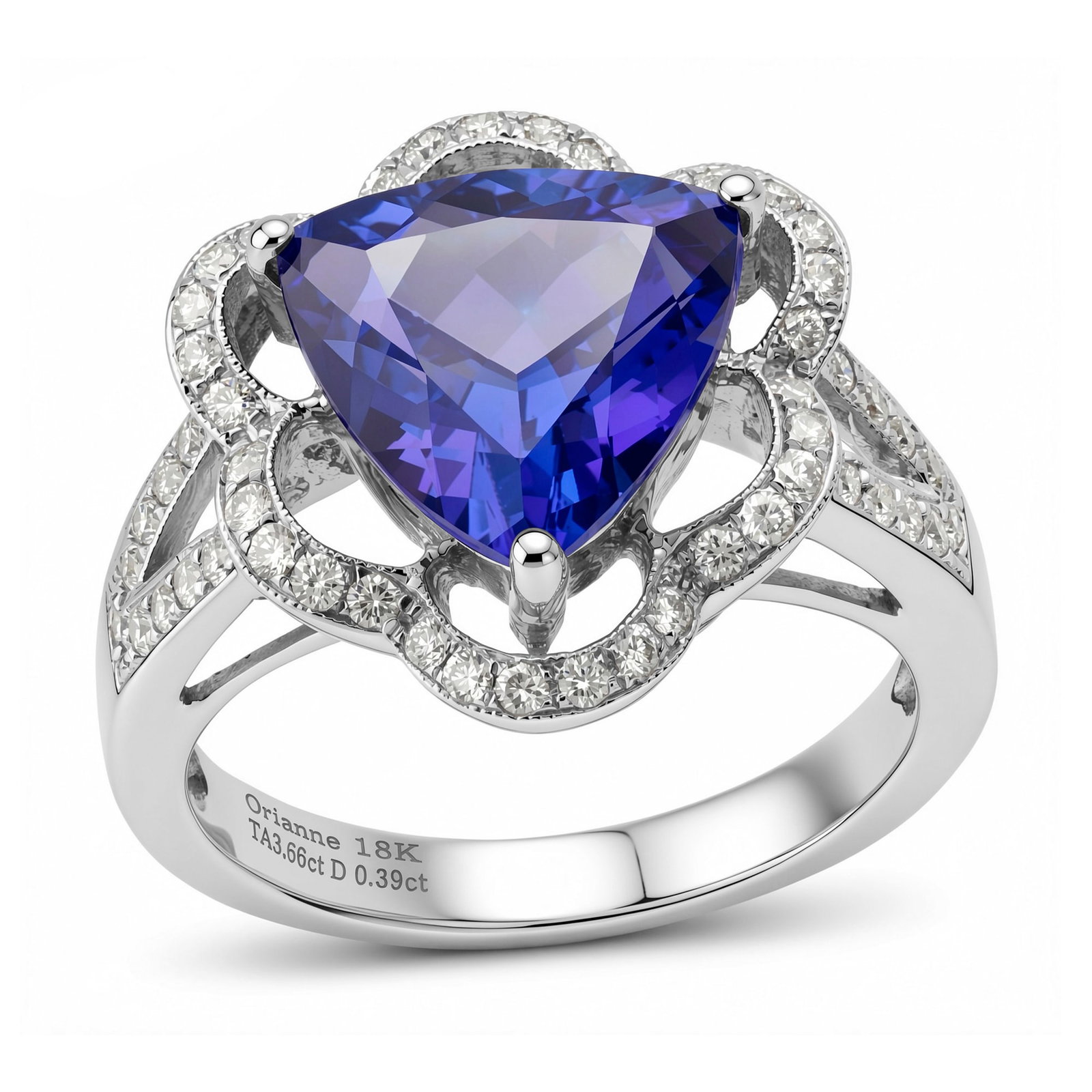 18K White Gold Ladies Ring with 3.66ct Tanzanite and 0.39tcw Adjacent Diamonds: Retail: $12,345.00 ****** 18K White Gold Ladies Ring with 3.66ct Tanzanite and 0.39tcw Adjacent Diamonds ****** Size: 7 / Metal: 18K White Gold / Total Item Weight: 6.9 Grams / Country Made: United