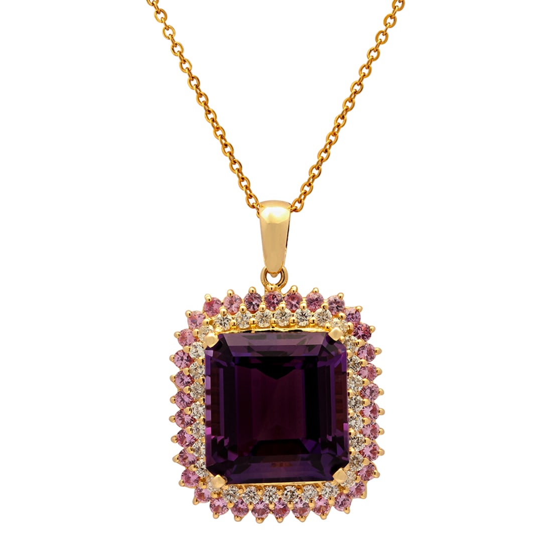 14k Yellow Gold 26.61ct Amethyst 1.95ct Pink Sapphire 1.47ct Diamond Pendant: Retail: $9,550.00 ****** 14k Yellow Gold 26.61ct Amethyst 1.95ct Pink Sapphire 1.47ct Diamond Pendant ****** Metal: 14K Yellow Gold / Total Item Weight: 17.20 grams / Country Made: United States / / M