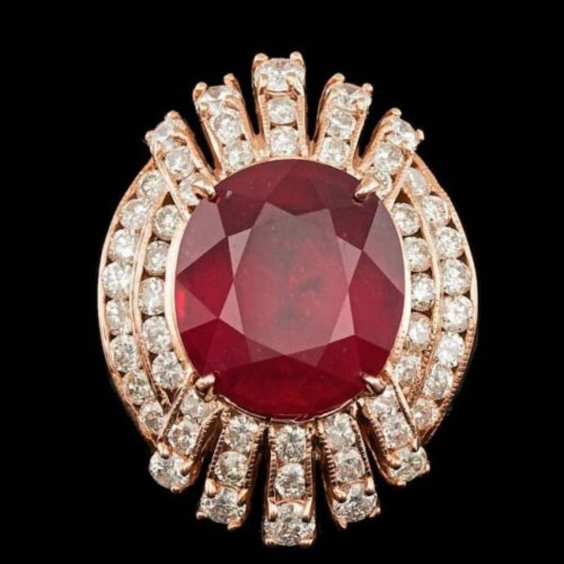 14K Rose Gold 10.91ct Ruby and 2.07ct Diamond Ring: Retail: $19,645.00 ****** 14K Rose Gold 10.91ct Ruby and 2.07ct Diamond Ring ****** Metal: 14K Rose Gold / Total Item Weight: 9.4 Grams / Country Made: United States / / Main Stone: Ruby / Color: Red 