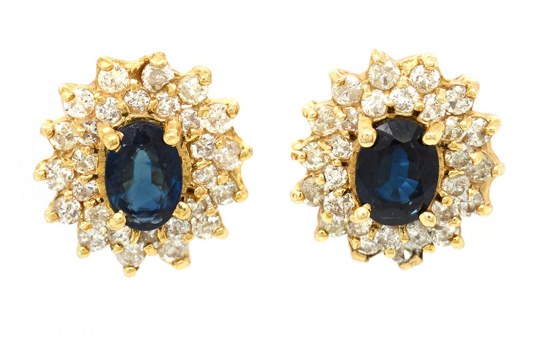 14K Yellow Gold Ladies Earrings with 1.01tcw Sapphire and 1.19tcw Diamonds: Retail: $4,300.00 ****** 14K Yellow Gold Ladies Earrings with 1.01tcw Sapphire and 1.19tcw Diamonds ****** Metal: 14K Yellow Gold / Total Item Weight: 3.8 Grams / Country Made: United States / / Main