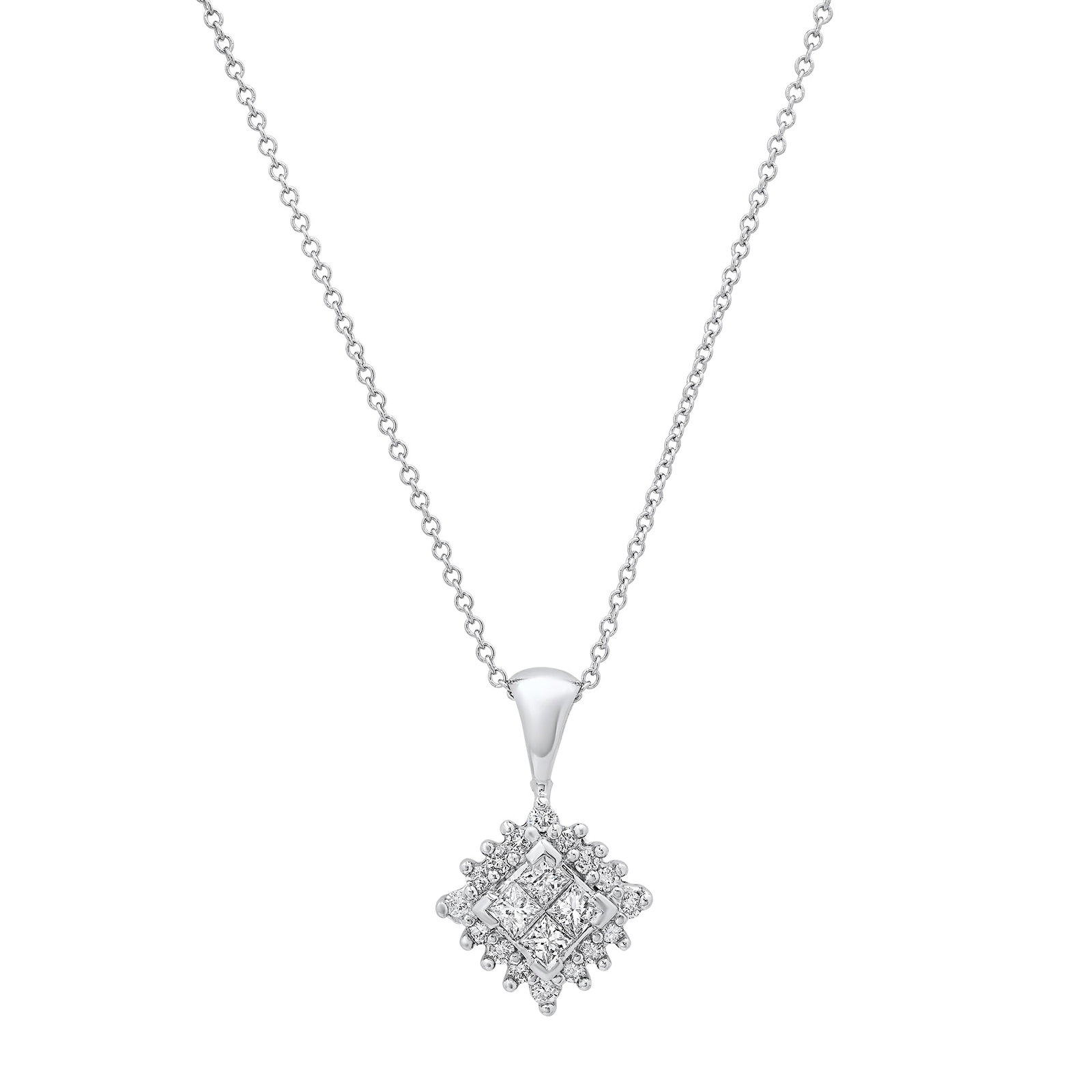 14K White Gold Ladies Pendant with 0.70tcw Diamonds: Retail: $3,300.00 ****** 14K White Gold Ladies Pendant with 0.70tcw Diamonds ****** Size: .5 Square with 18" Chain / Metal: 14K White Gold / Total Item Weight: 3.1 Grams / Country Made: United States