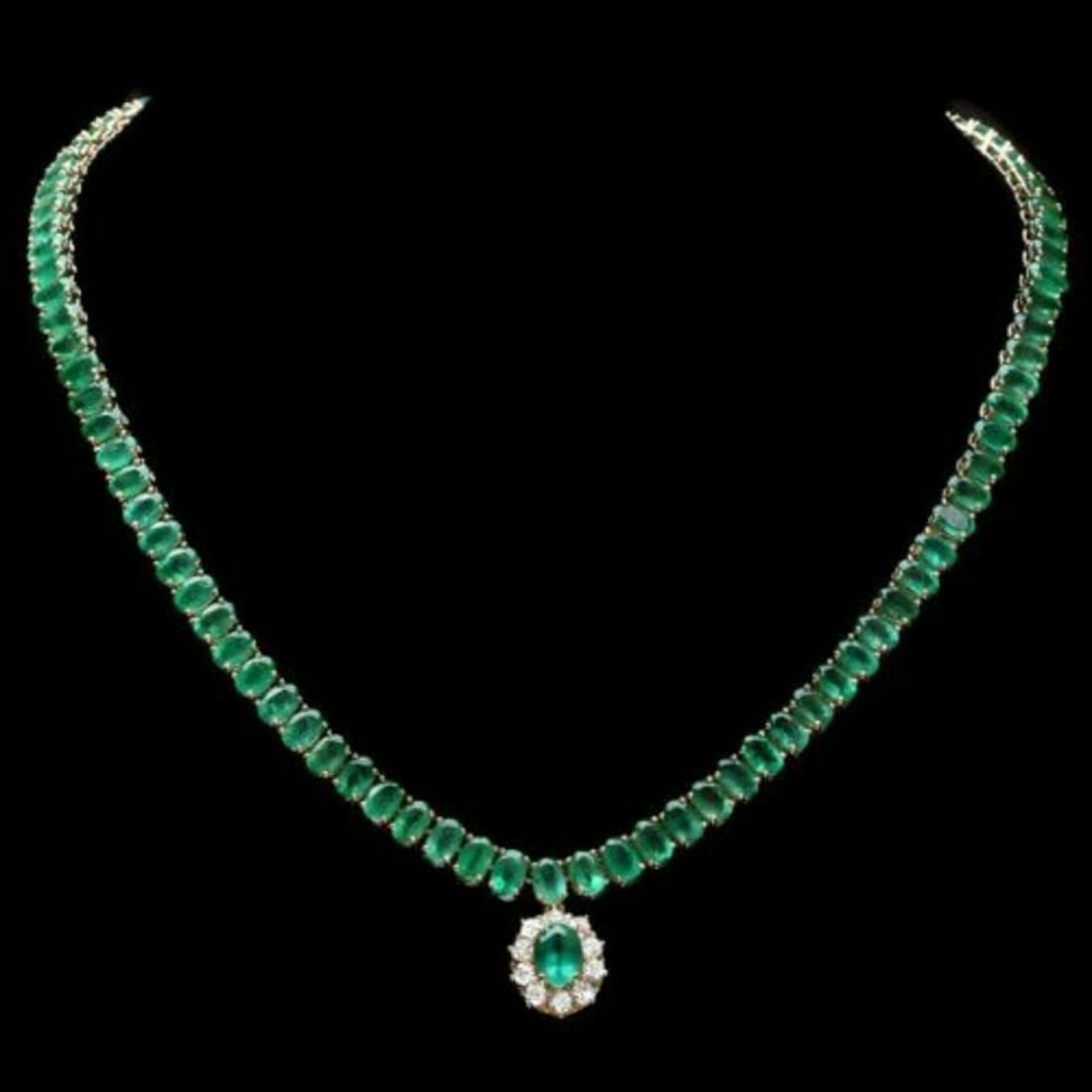 14K Yellow Gold 43.55ct Emerald and 0.50ct Diamond Necklace: Retail: $39,100.00 ****** 14K Yellow Gold 43.55ct Emerald and 0.50ct Diamond Necklace ****** Metal: 14K Yellow Gold / Total Item Weight: 33.5 Grams / Country Made: United States / / Main Stone: Emeral