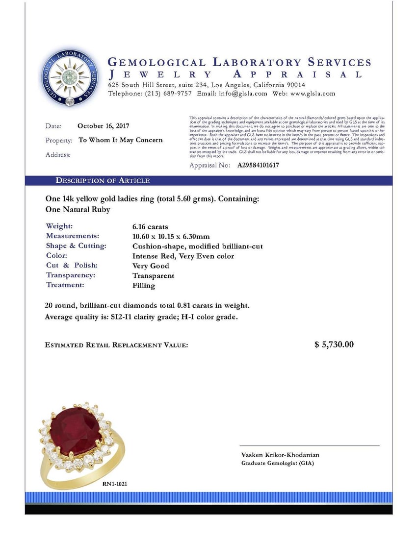 14k Yellow Gold 6.16ct Ruby 0.81ct Diamond Ring - 3
