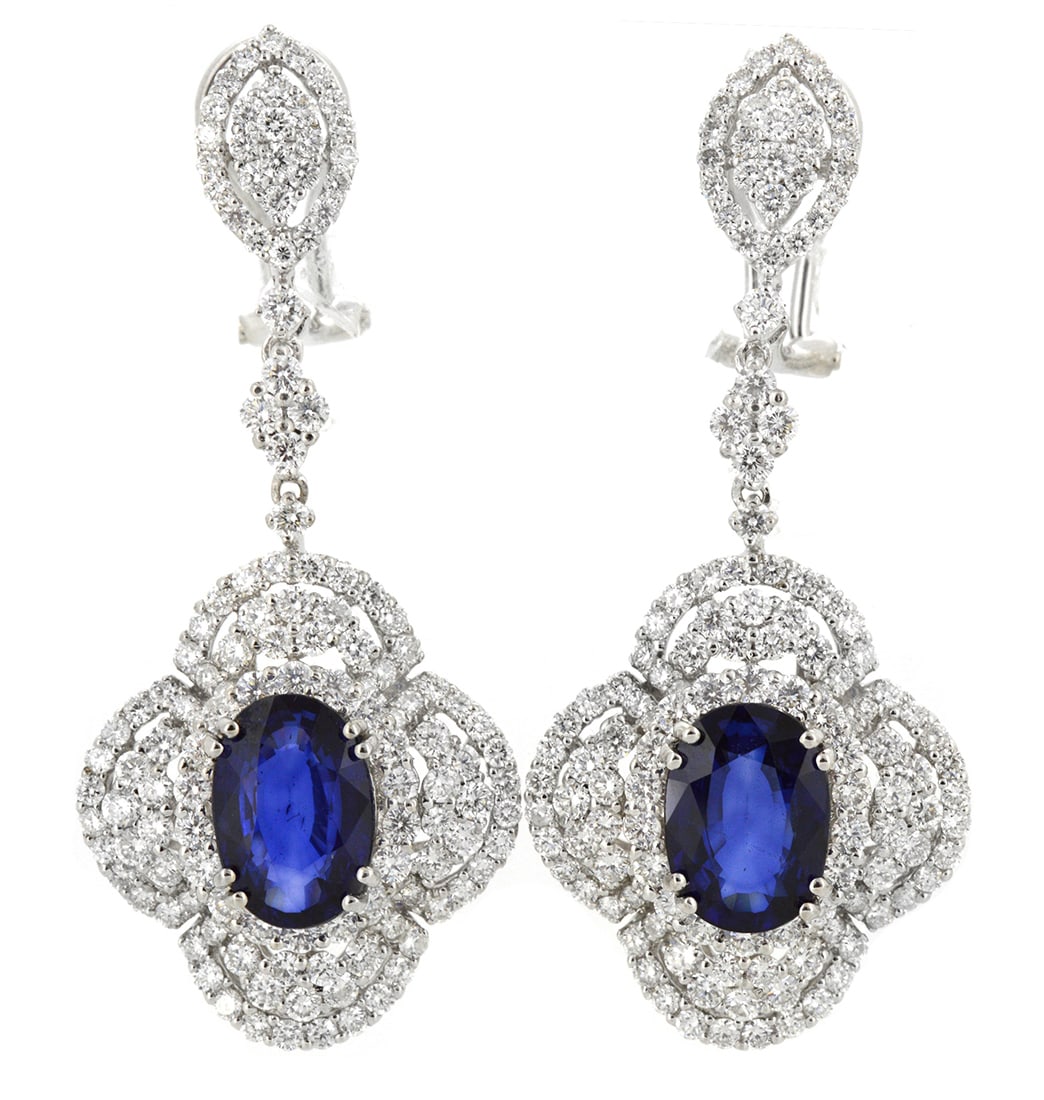 18K White Gold Ladies Earrings with 5.43ct Sapphire and 3.96ct tw Adjacent Diamonds: Retail: $33,000.00 ****** 18K White Gold Ladies Earrings with 5.43ct Sapphire and 3.96ct tw Adjacent Diamonds ****** Size: 1.75 / Metal: 18K White Gold / Total Item Weight: 10.9 Grams / Country Made: