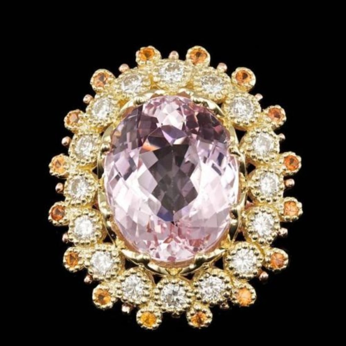 14K Yellow Gold 16.64ct Kunzite 0.72ct Sapphire and 1.78ct Diamond Ring: Retail: $22,900.00 ****** 14K Yellow Gold 16.64ct Kunzite 0.72ct Sapphire and 1.78ct Diamond Ring ****** Metal: 14K Yellow Gold / Total Item Weight: 15.0 Grams / Country Made: United States / / Main
