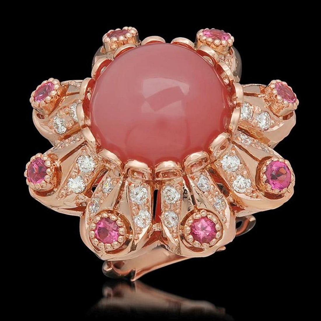 14K Rose Gold 15.37ct Rose Quartz 1.21ct Sapphire and 1.46ct Diamond Ring: Retail: $15,370.00 ****** 14K Rose Gold 15.37ct Rose Quartz 1.21ct Sapphire and 1.46ct Diamond Ring ****** Metal: 14K Rose Gold / Total Item Weight: 20.3 Grams / Country Made: United States / / Main S