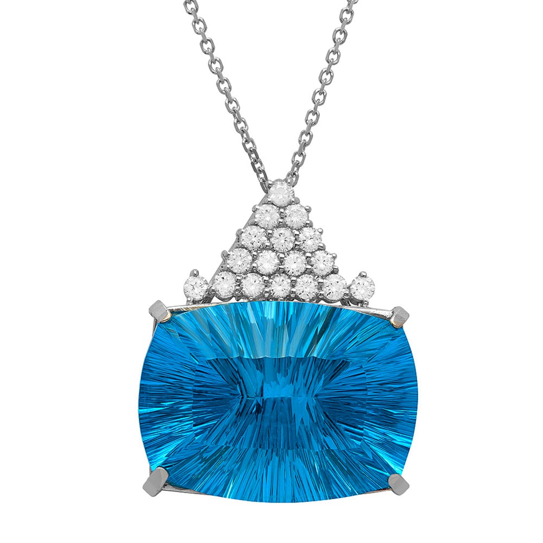 14k White Gold 36.00ct Blue Topaz 1.20ct Diamond Pendant: Retail: $10,350.00 ****** 14k White Gold 36.00ct Blue Topaz 1.20ct Diamond Pendant ****** Metal: 14K White Gold / Total Item Weight: 22.00 grams / Country Made: United States / / Main Stone: Blue