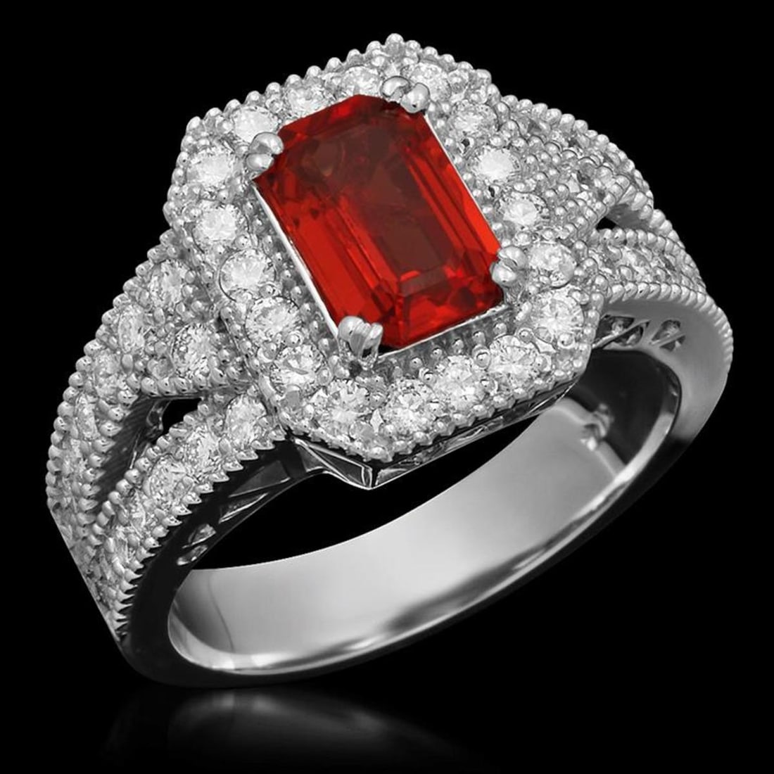 14K White Gold 1.53ct Ruby and 1.06ct Diamond Ring: Retail: $6,875.00 ****** 14K White Gold 1.53ct Ruby and 1.06ct Diamond Ring ****** Metal: 14K White Gold / Total Item Weight: 7.3 Grams / Country Made: United States / / Main Stone: Ruby / Color: Red