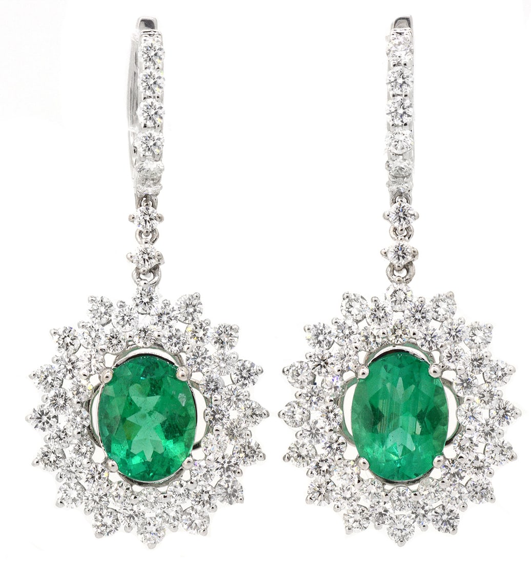 18K White Gold Ladies Earrings with 3.36ct Emeralds and 3.71ct tw Diamonds: Retail: $22,500.00 ****** 18K White Gold Ladies Earrings with 3.36ct Emeralds and 3.71ct tw Diamonds ****** Size: 1.5 / Metal: 18K White Gold / Total Item Weight: 8 Grams / Country Made: United