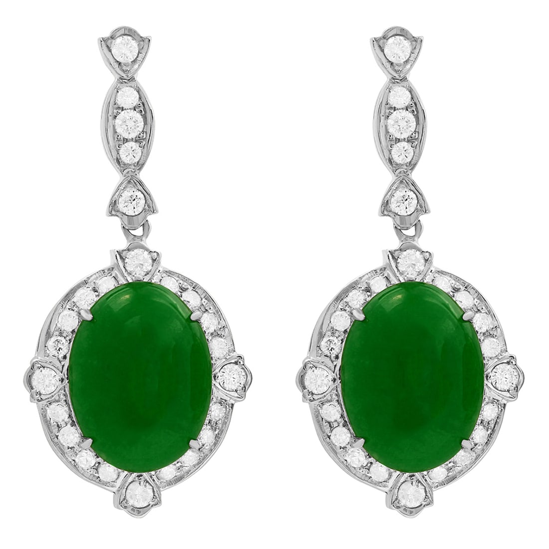 14k White Gold 12.56ct Jade 1.68ct Diamond Earrings: Retail: $6,775.00 ****** 14k White Gold 12.56ct Jade 1.68ct Diamond Earrings ****** Metal: 14K White Gold / Total Item Weight: 11.67 grams / Country Made: United States / / Main Stone: Jade / Color: I