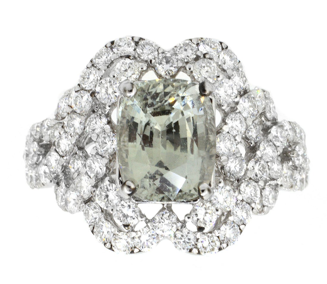18K White Gold Ladies Ring with 2.83ct Natural Sapphire and 1.44tw Diamonds: Retail: $10,500.00 ****** 18K White Gold Ladies Ring with 2.83ct Natural Sapphire and 1.44tw Diamonds ****** Size: 6.5 / Metal: 18K White Gold / Total Item Weight: 5.4 Grams / Country Made: United Sta