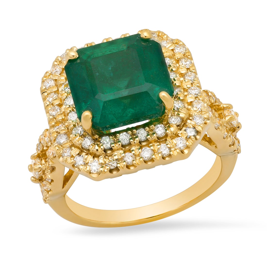 14K Yellow Gold 6.00ct Emerald and 1.08ct Diamond Ring: Retail: $20,755.00 ****** 14K Yellow Gold 6.00ct Emerald and 1.08ct Diamond Ring ****** Size: 7(we offer free resizing to winning bidders) / Metal: 14K Yellow Gold / Total Item Weight: 9.5 Grams / Cou