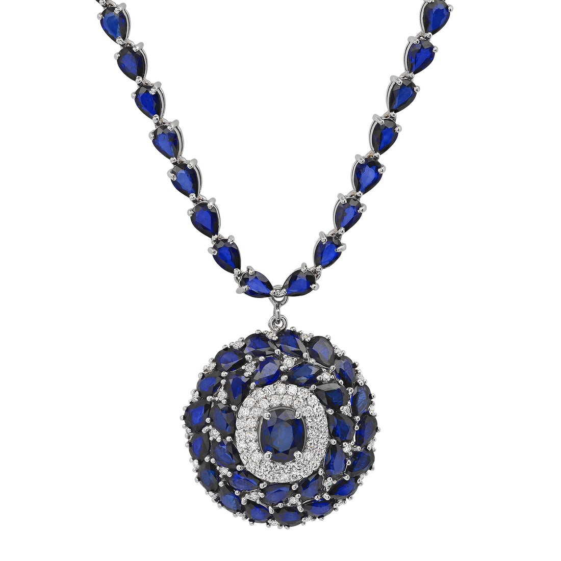 14K White Gold 44.06ct Sapphire and 1.65ct Diamond Necklace: Retail: $27,576.00 ****** 14K White Gold 44.06ct Sapphire and 1.65ct Diamond Necklace ****** Metal: 14K White Gold / Total Item Weight: 35.6 Grams / Country Made: United States / / Main Stone: Sapphir