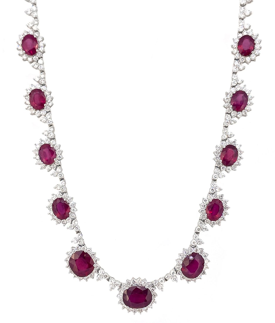 18K White Gold Ladies Necklace with 24.61ct Rubies and 10.48ct tw Diamonds: Retail: $44,100.00 ****** 18K White Gold Ladies Necklace with 24.61ct Rubies and 10.48ct tw Diamonds ****** Size: 16 / Metal: 18K White Gold / Total Item Weight: 40.3 Grams / Country Made: United