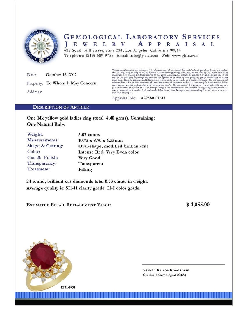 14k Yellow Gold 5.07ct Ruby 0.73ct Diamond Ring - 3